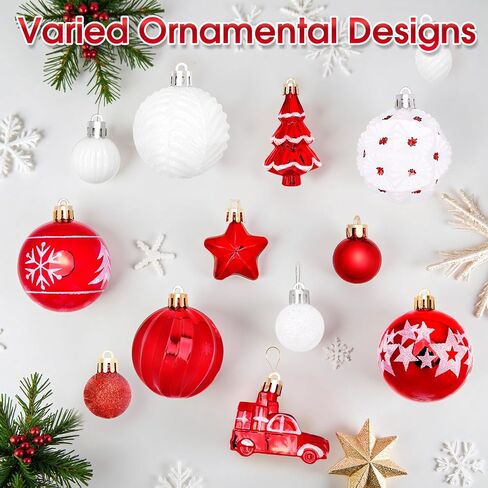 DeckTheHalls 42 Pcs Christmas Ornaments, Various Styles of Christmas Ball Ornaments, Shatterproof Christmas Balls for Holiday Xmas Tree Decor, Hanging Ornament for Indoor Decoration (Red & White) in Saudi Arabia