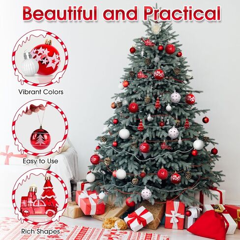 DeckTheHalls 42 Pcs Christmas Ornaments, Various Styles of Christmas Ball Ornaments, Shatterproof Christmas Balls for Holiday Xmas Tree Decor, Hanging Ornament for Indoor Decoration (Red & White) in Saudi Arabia