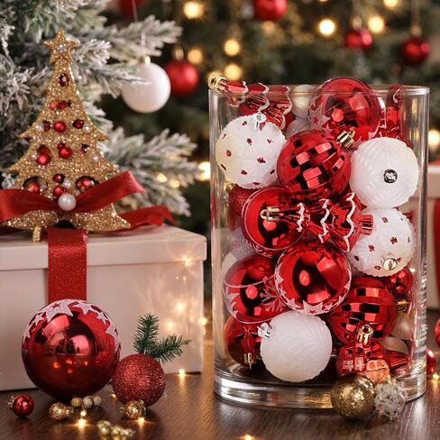 DeckTheHalls 42 Pcs Christmas Ornaments, Various Styles of Christmas Ball Ornaments, Shatterproof Christmas Balls for Holiday Xmas Tree Decor, Hanging Ornament for Indoor Decoration (Red & White) in Saudi Arabia