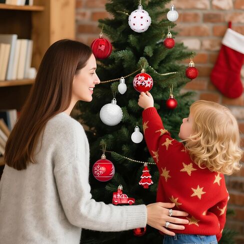 DeckTheHalls 42 Pcs Christmas Ornaments, Various Styles of Christmas Ball Ornaments, Shatterproof Christmas Balls for Holiday Xmas Tree Decor, Hanging Ornament for Indoor Decoration (Red & White) in Saudi Arabia