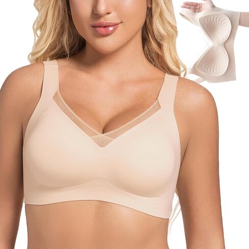 PRETTYWELL Wireless Bras for Women Molded Cup Comfort Push up Bra V Mesh Seamless Full Coverage No Underwire Bra A to D Cup in Saudi Arabia