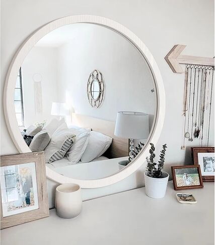 JJUUYOU Wall Mirror 20 Inch Round Wall Mirror for Bathroom Antique Circular Mirror Washroom Wall Decor Wood Frame Mirror for Living Room Bedroom Dorm Decorative in Saudi Arabia