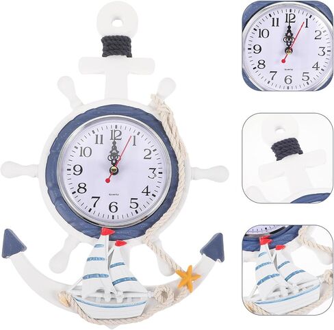 Toyvian Nautical Anchor Wall Clock, 13inch Silent Non-Ticking Ship Wheel Decor with Rudder Coastal Beach Themed Hanging Wall Art for Bathroom Living Room Bedroom Battery Operated in Saudi Arabia