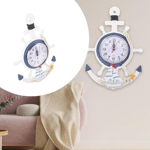 Toyvian Nautical Anchor Wall Clock, 13inch Silent Non-Ticking Ship Wheel Decor with Rudder Coastal Beach Themed Hanging Wall Art for Bathroom Living Room Bedroom Battery Operated in Saudi Arabia