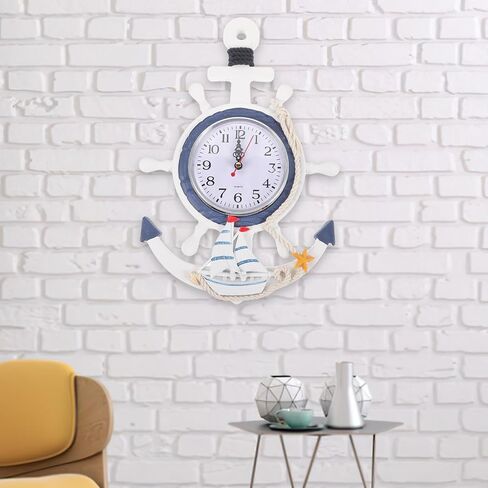 Toyvian Nautical Anchor Wall Clock, 13inch Silent Non-Ticking Ship Wheel Decor with Rudder Coastal Beach Themed Hanging Wall Art for Bathroom Living Room Bedroom Battery Operated in Saudi Arabia