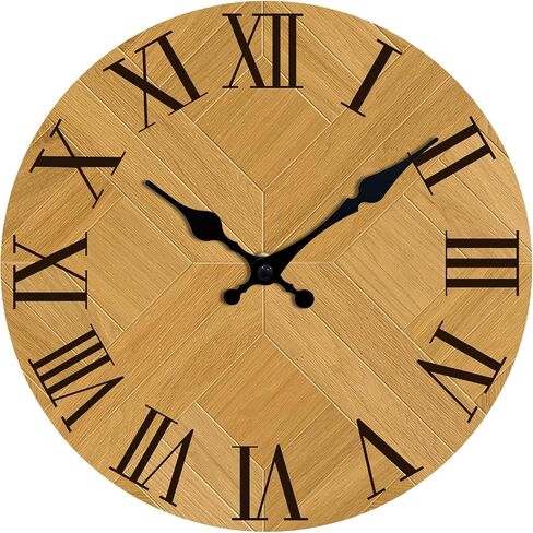12 Inch Wall Clock, Roman Numerals Wall Clock Battery Operated, Silent Non-Ticking Round Rustic Wooden Wall Clock Decorative for Living Room Kitchen Home Office 12 Inch (Brown, White) in Saudi Arabia