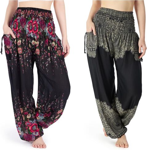 Lannaclothesdesign Black Flower and Black Mandala Boho Pants Bundle Size Large in Saudi Arabia