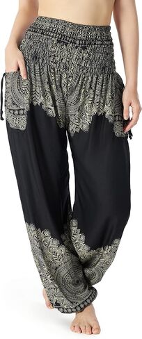 Lannaclothesdesign Black Flower and Black Mandala Boho Pants Bundle Size Large in Saudi Arabia