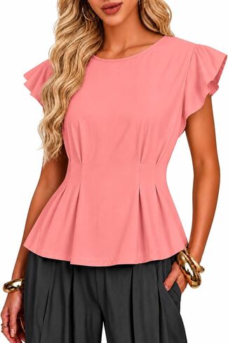 بلوزة نسائية من Remidoo بأكمام قصيرة مكشكشة من Peplum، قمصان كاجوال للعمل in Saudi Arabia