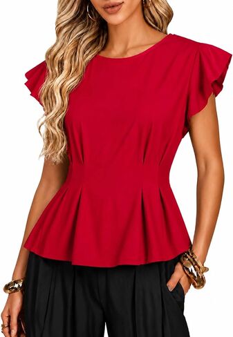 بلوزة نسائية من Remidoo بأكمام قصيرة مكشكشة من Peplum، قمصان كاجوال للعمل in Saudi Arabia
