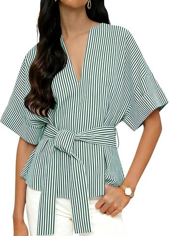 Yidarer Women's Summer Striped Blouse V Neck Short Sleeve Tie Knot Front Tops 2026 Casual Shirts in Saudi Arabia