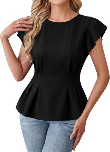 بلوزة نسائية من Remidoo بأكمام قصيرة مكشكشة من Peplum، قمصان كاجوال للعمل in Saudi Arabia
