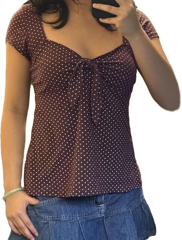 Women Fairy Grunge Babydoll Tops Y2k Cap Sleeve Polka Dot Coquette Shirts Vintage Aesthetic Preppy Clothes in Saudi Arabia