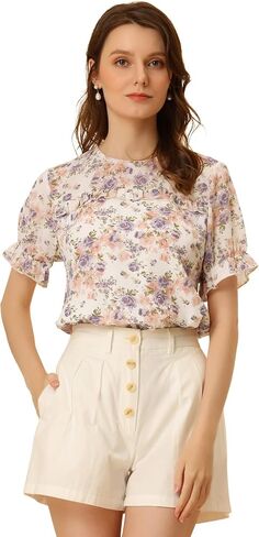 Allegra K Women's Chiffon Floral Short Sleeve Ruffled Trim Blouse Top in Saudi Arabia