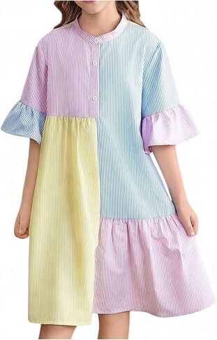 OYOANGLE Girl's Striped Button Up Ruffle Dress Half Sleeve Color Block Flared Long Dress in Kuwait