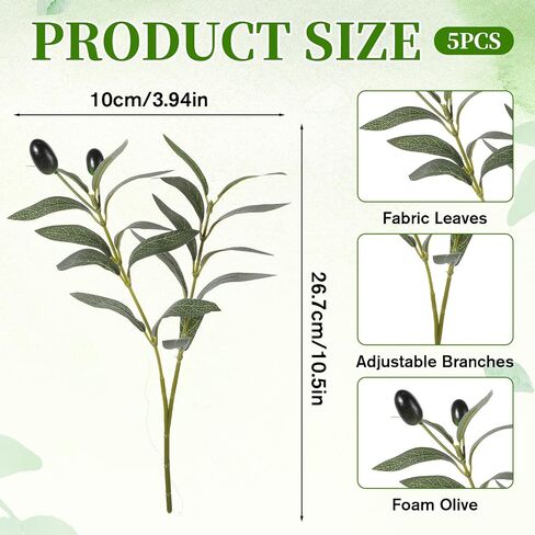 5pcs Artificial Plants Olive Tree Branches,11 Inch Faux Olives Leaves Stems Olive Branches Green Leaves Picks Spring Branch Decor for Centerpieces Vase Wedding Home Decoration Indoor in Kuwait