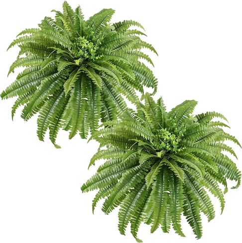 Artificial Ferns for Outdoors & Indoors, 2 Stems 45" Fake Ferns Artificial Plants Large, UV Resistant Faux Boston Fern Mixed Boxwood for Planter Porch Home Garden Windowsill Decor, Potted / Hanging in Saudi Arabia