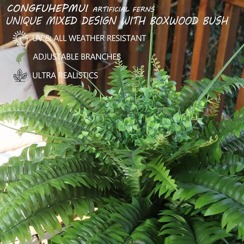 Artificial Ferns for Outdoors & Indoors, 2 Stems 45" Fake Ferns Artificial Plants Large, UV Resistant Faux Boston Fern Mixed Boxwood for Planter Porch Home Garden Windowsill Decor, Potted / Hanging in Saudi Arabia