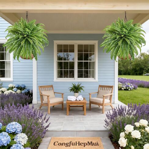 Artificial Ferns for Outdoors & Indoors, 2 Stems 45" Fake Ferns Artificial Plants Large, UV Resistant Faux Boston Fern Mixed Boxwood for Planter Porch Home Garden Windowsill Decor, Potted / Hanging in Saudi Arabia