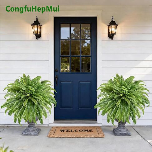 Artificial Ferns for Outdoors & Indoors, 2 Stems 45" Fake Ferns Artificial Plants Large, UV Resistant Faux Boston Fern Mixed Boxwood for Planter Porch Home Garden Windowsill Decor, Potted / Hanging in Saudi Arabia