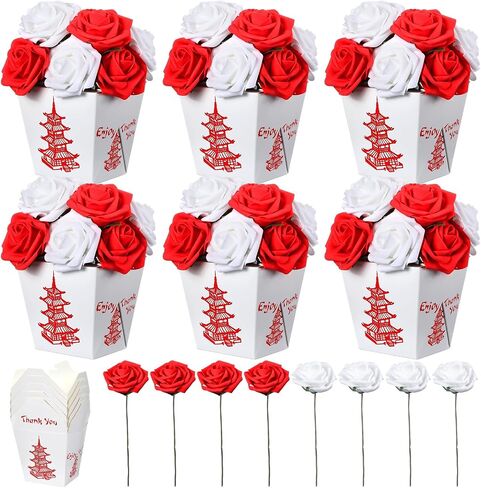 Dilunave 6 Set/56 Pcs Hibachi Party Decorations Chinese Take Out Boxes Hibachi Party Favors Chinese Food Containers Red White Artificial Roses Asian Theme Table Centerpiece Japanese Birthday Supplies in Saudi Arabia