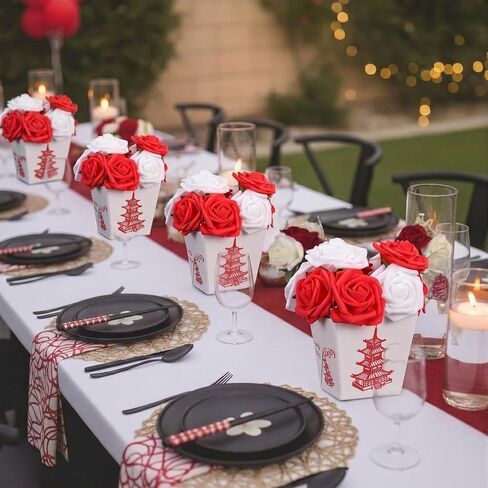 Dilunave 6 Set/56 Pcs Hibachi Party Decorations Chinese Take Out Boxes Hibachi Party Favors Chinese Food Containers Red White Artificial Roses Asian Theme Table Centerpiece Japanese Birthday Supplies in Saudi Arabia