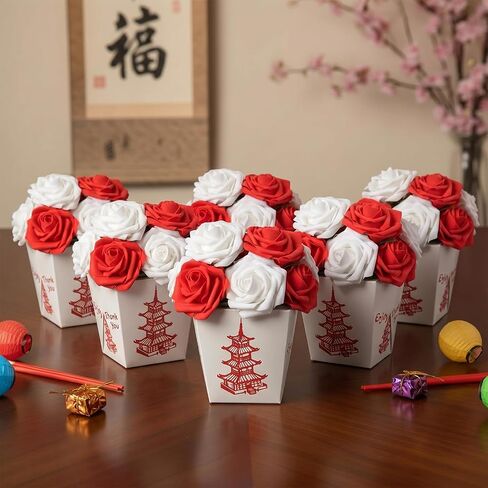 Dilunave 6 Set/56 Pcs Hibachi Party Decorations Chinese Take Out Boxes Hibachi Party Favors Chinese Food Containers Red White Artificial Roses Asian Theme Table Centerpiece Japanese Birthday Supplies in Saudi Arabia