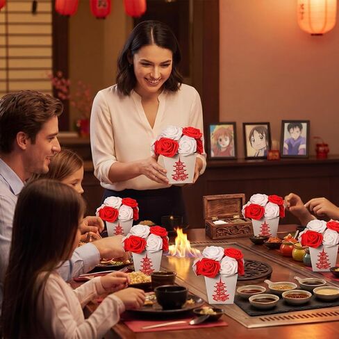 Dilunave 6 Set/56 Pcs Hibachi Party Decorations Chinese Take Out Boxes Hibachi Party Favors Chinese Food Containers Red White Artificial Roses Asian Theme Table Centerpiece Japanese Birthday Supplies in Saudi Arabia