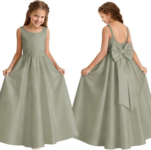 Satin Flower Girl Dress with Bow Sleeveless Pageant Dresses for Girls First Communion Formal Ball Gown Maxi Prom Dress in Saudi Arabia