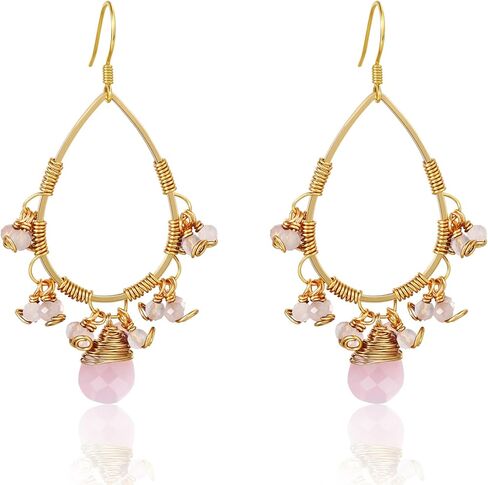 Boho Crystal Dangle Earrings for Women 14K Gold Chandelier Dangle Purple Pink Earrings Vintage Hook Drop Natural Gemstone Summer Vacation Beach Jewelry for Women Amethyst/Rose Quartz in Saudi Arabia