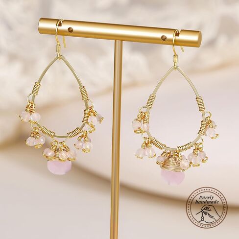 Boho Crystal Dangle Earrings for Women 14K Gold Chandelier Dangle Purple Pink Earrings Vintage Hook Drop Natural Gemstone Summer Vacation Beach Jewelry for Women Amethyst/Rose Quartz in Saudi Arabia