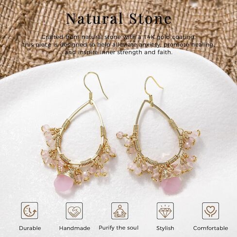 Boho Crystal Dangle Earrings for Women 14K Gold Chandelier Dangle Purple Pink Earrings Vintage Hook Drop Natural Gemstone Summer Vacation Beach Jewelry for Women Amethyst/Rose Quartz in Saudi Arabia
