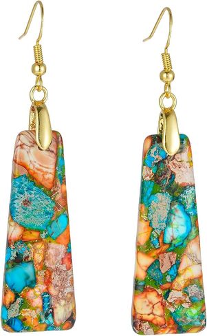 Plumiss Natural Imperial Jasper Teardrop Dangle Earrings for Women - Boho Statement Healing Crystal Drop Earrings, Unique Colorful Gemstone Jewelry for Birthday Anniversary Everyday Wear in Saudi Arabia