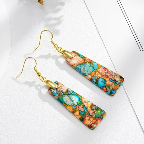 Plumiss Natural Imperial Jasper Teardrop Dangle Earrings for Women - Boho Statement Healing Crystal Drop Earrings, Unique Colorful Gemstone Jewelry for Birthday Anniversary Everyday Wear in Saudi Arabia