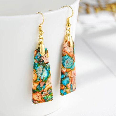 Plumiss Natural Imperial Jasper Teardrop Dangle Earrings for Women - Boho Statement Healing Crystal Drop Earrings, Unique Colorful Gemstone Jewelry for Birthday Anniversary Everyday Wear in Saudi Arabia