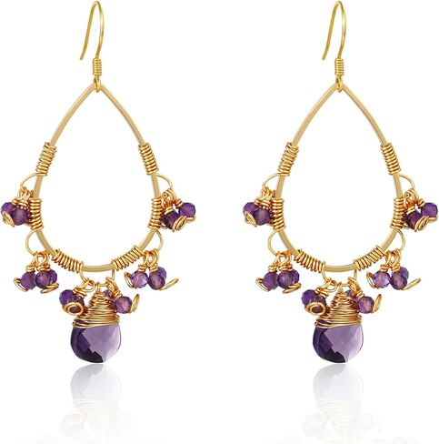 Boho Crystal Dangle Earrings for Women 14K Gold Chandelier Dangle Purple Pink Earrings Vintage Hook Drop Natural Gemstone Summer Vacation Beach Jewelry for Women Amethyst/Rose Quartz in Saudi Arabia