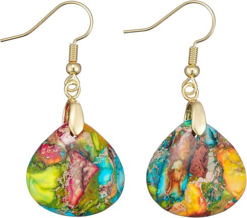 Plumiss Natural Imperial Jasper Teardrop Dangle Earrings for Women - Boho Statement Healing Crystal Drop Earrings, Unique Colorful Gemstone Jewelry for Birthday Anniversary Everyday Wear in Saudi Arabia