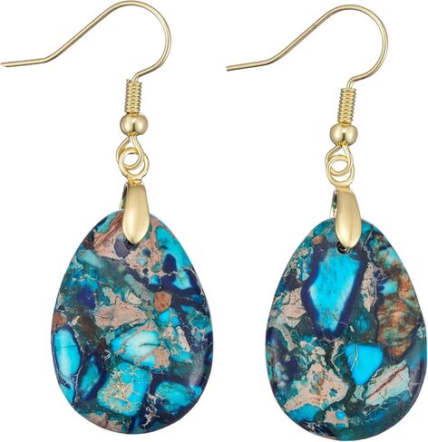 Plumiss Natural Imperial Jasper Teardrop Dangle Earrings for Women - Boho Statement Healing Crystal Drop Earrings, Unique Colorful Gemstone Jewelry for Birthday Anniversary Everyday Wear in Saudi Arabia