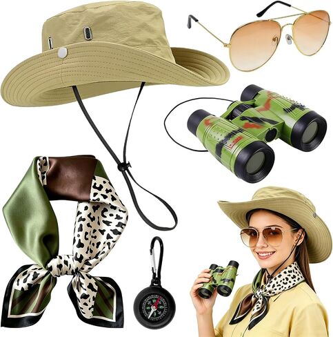 Hikkcos 5 Pcs Safari Costume for Women, Safari Explorer Outfit Set with Bucket Hat & Binoculars, Zoo Keeper Adventure Kit for Safari Party, Halloween Costumes in Kuwait