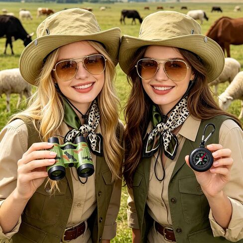 Hikkcos 5 Pcs Safari Costume for Women, Safari Explorer Outfit Set with Bucket Hat & Binoculars, Zoo Keeper Adventure Kit for Safari Party, Halloween Costumes in Kuwait