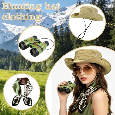 Hikkcos 5 Pcs Safari Costume for Women, Safari Explorer Outfit Set with Bucket Hat & Binoculars, Zoo Keeper Adventure Kit for Safari Party, Halloween Costumes in Kuwait