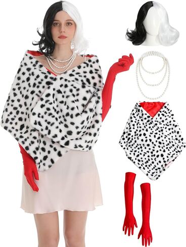 5 Pcs Dalmatian Costume Women Dalmatian Shawl Black and White Wig Pearl Necklace Red Gloves Halloween Costume Accessories Set in Saudi Arabia