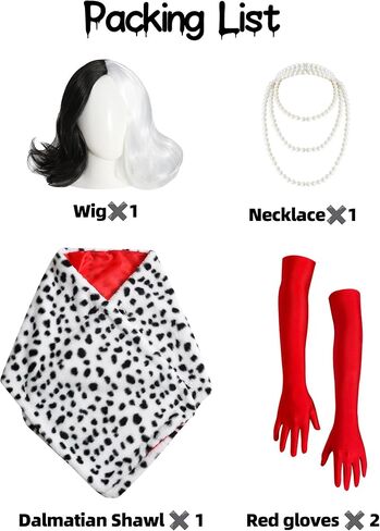 5 Pcs Dalmatian Costume Women Dalmatian Shawl Black and White Wig Pearl Necklace Red Gloves Halloween Costume Accessories Set in Saudi Arabia