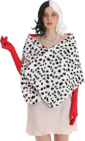 5 Pcs Dalmatian Costume Women Dalmatian Shawl Black and White Wig Pearl Necklace Red Gloves Halloween Costume Accessories Set in Saudi Arabia