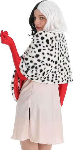 5 Pcs Dalmatian Costume Women Dalmatian Shawl Black and White Wig Pearl Necklace Red Gloves Halloween Costume Accessories Set in Saudi Arabia