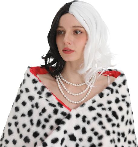 5 Pcs Dalmatian Costume Women Dalmatian Shawl Black and White Wig Pearl Necklace Red Gloves Halloween Costume Accessories Set in Saudi Arabia