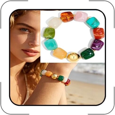 Chunky Beaded Bracelets for Women Colorful Resin Bead with Gold Charm Boho Stretch/Adjustable Statement Bracelet Trendy Summer Beach Jewelry for Vacation in Kuwait