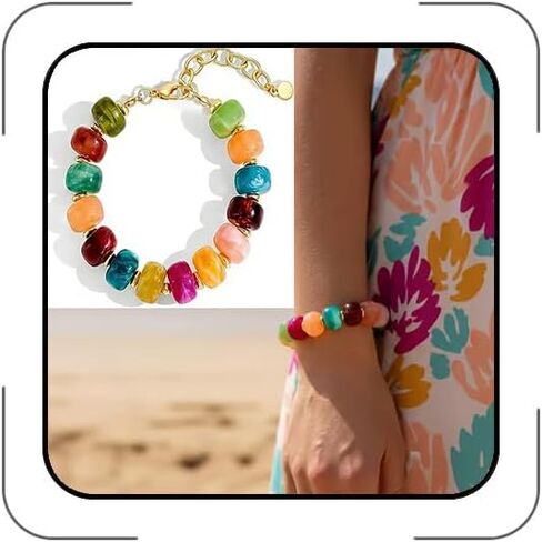 Chunky Beaded Bracelets for Women Colorful Resin Bead with Gold Charm Boho Stretch/Adjustable Statement Bracelet Trendy Summer Beach Jewelry for Vacation in Saudi Arabia