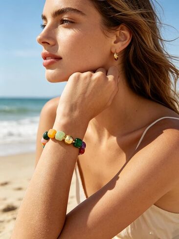 Chunky Beaded Bracelets for Women Colorful Resin Bead with Gold Charm Boho Stretch/Adjustable Statement Bracelet Trendy Summer Beach Jewelry for Vacation in Kuwait
