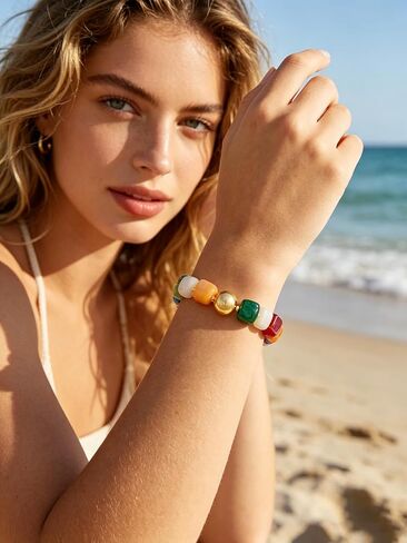 Chunky Beaded Bracelets for Women Colorful Resin Bead with Gold Charm Boho Stretch/Adjustable Statement Bracelet Trendy Summer Beach Jewelry for Vacation in Kuwait
